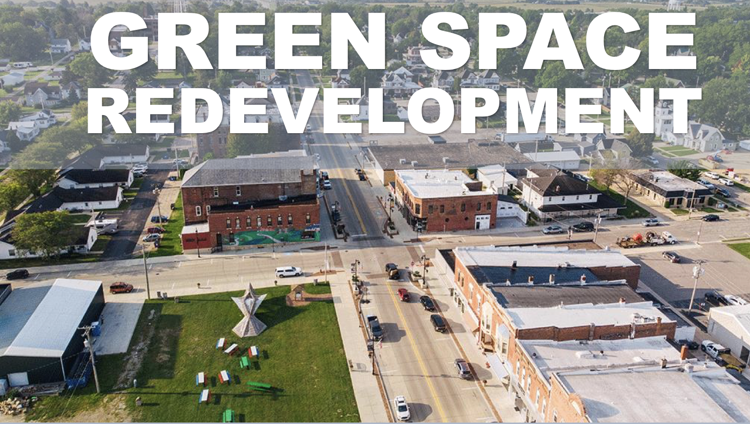 Overhead image of a small town's downtown area