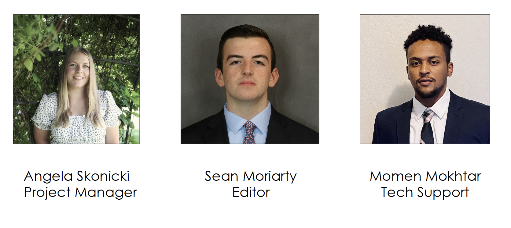 Headshots of three young adults, one white skinned woman, one white skinned man, and one brown skinned man. 