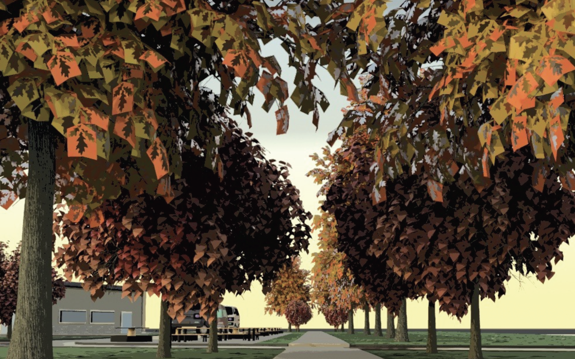 Digital image of two rows of trees with a path down the middle. 