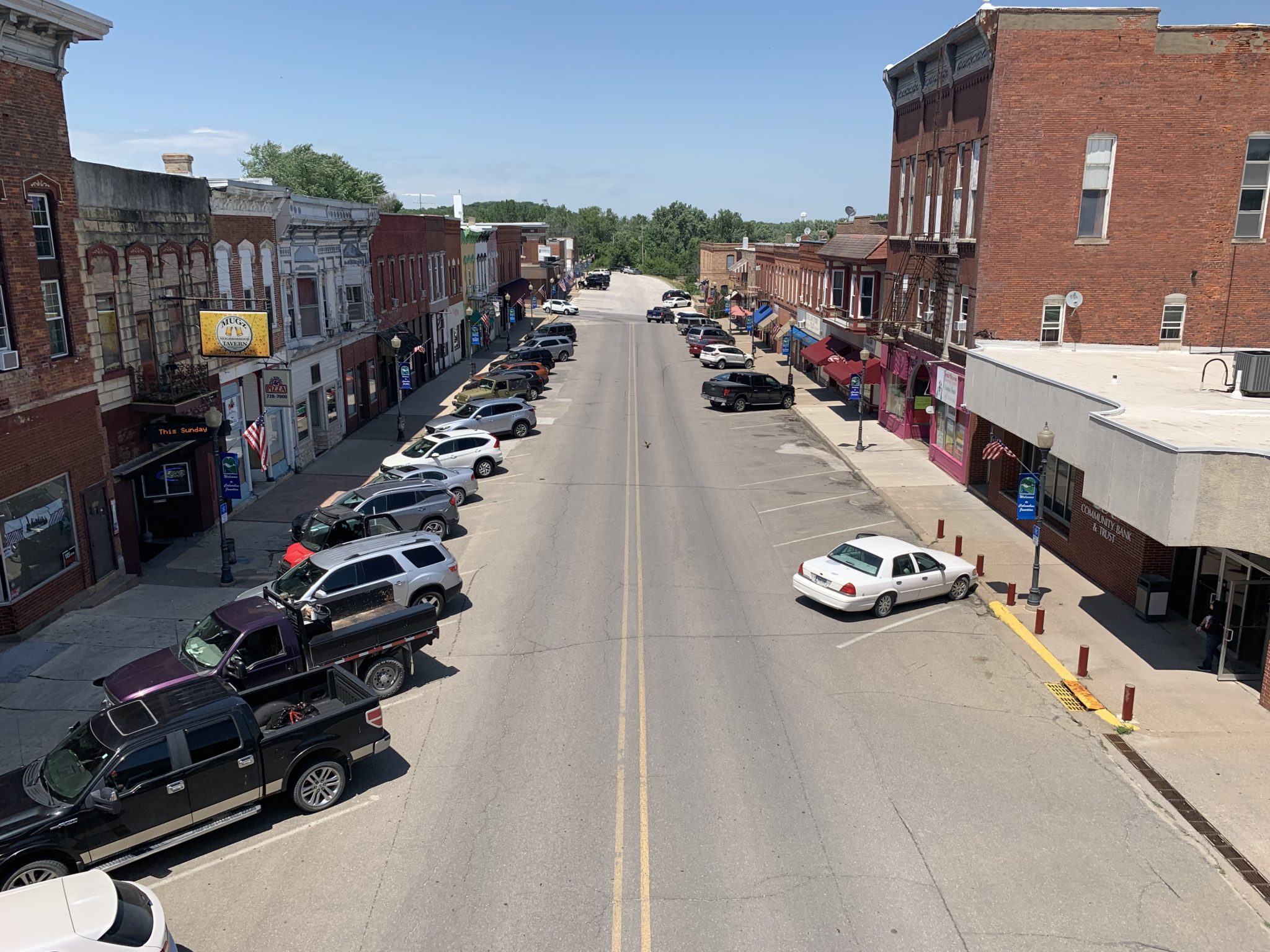 overhead view of a small town's downtown business area